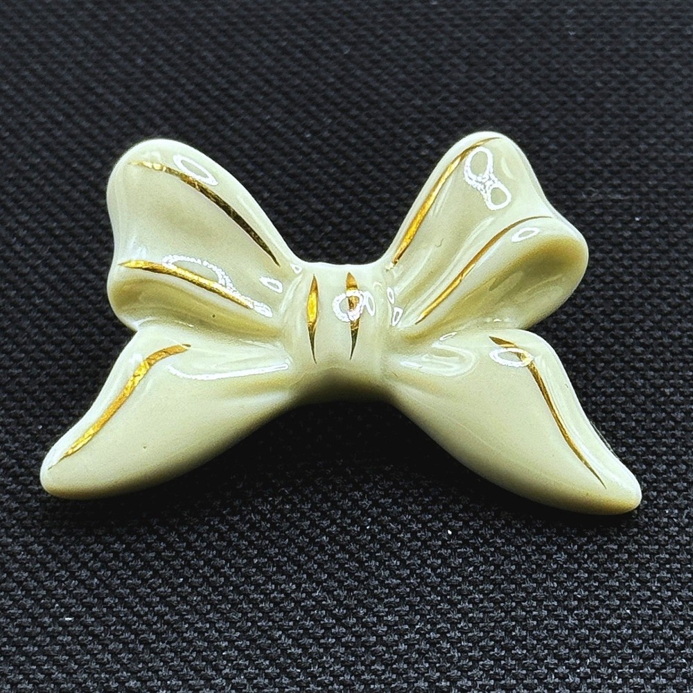 Lenox Porcelain Bow Brooch Ivory Gold Trim Handcrafted Ribbon Pin NWOT